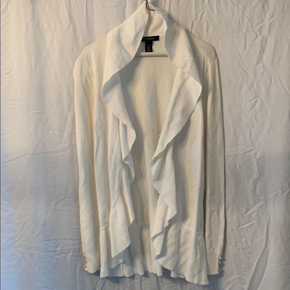 White House Black Market Elegant Cardigan / Ruffled / Accent Sleeve Buttons